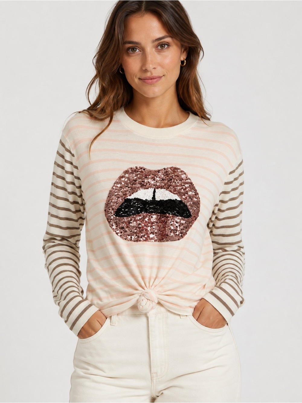 Markus Lupfer Sequin Lips Striped Cotton Sweater Size Large